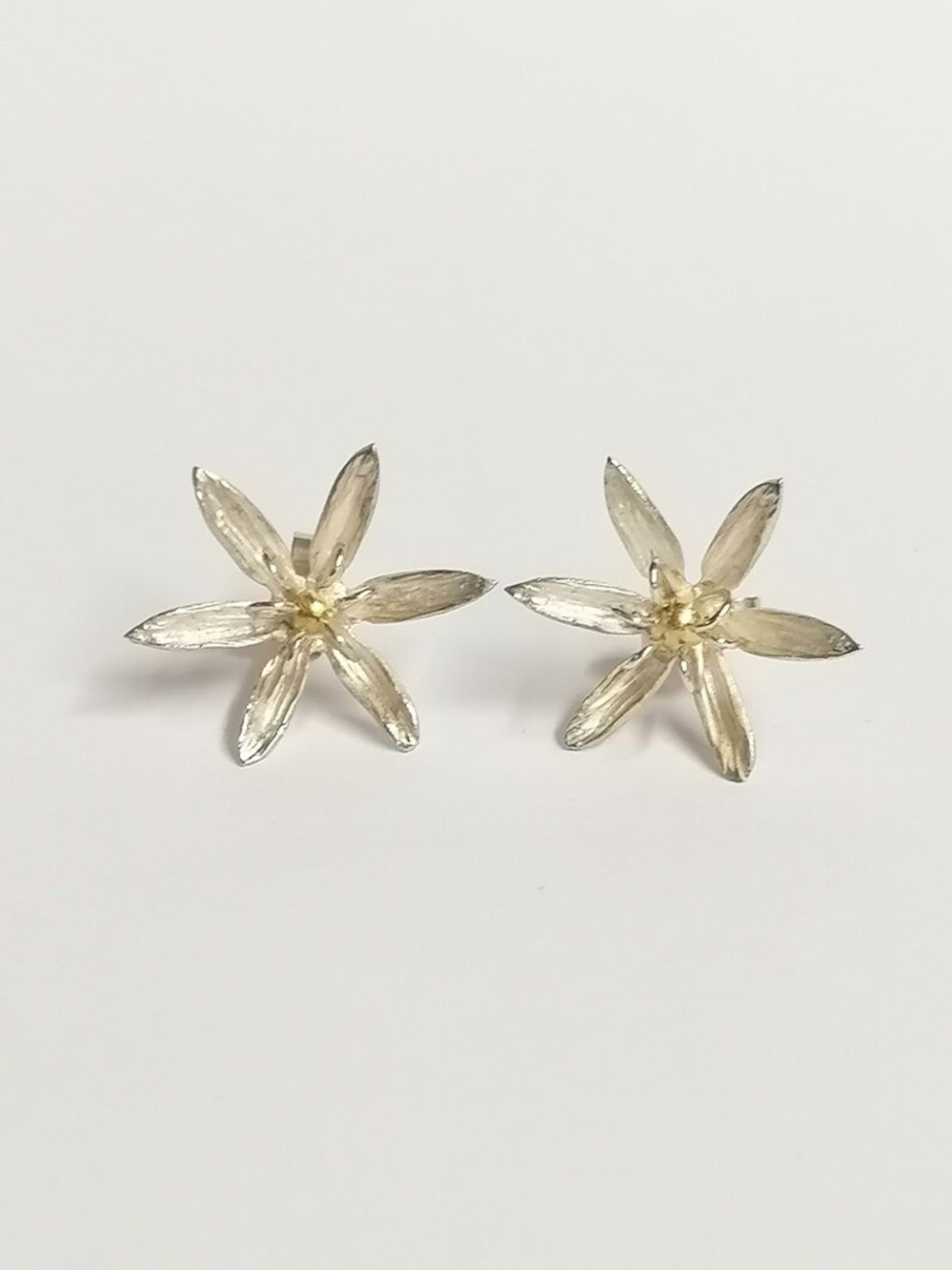 Sterling Silver Floral Stud Earrings - Silver and Gold Two-Tone - Picture 2 of 5